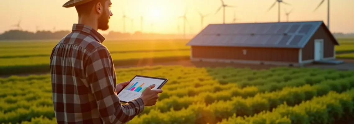 Agriculteur dans une exploitation moderne avec panneaux solaires et installations éco-énergétiques