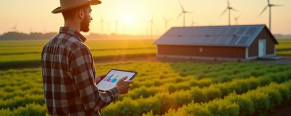 Agriculteur dans une exploitation moderne avec panneaux solaires et installations éco-énergétiques