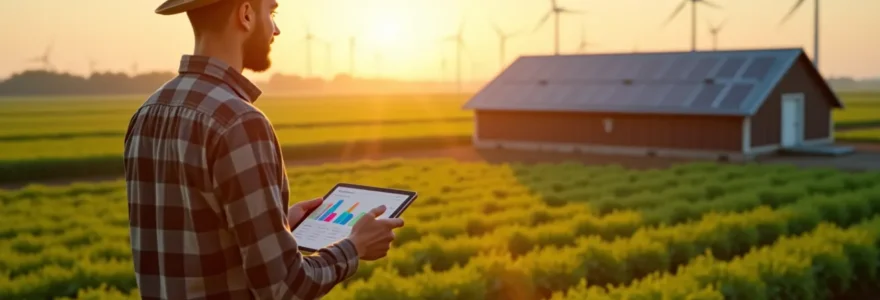 Agriculteur dans une exploitation moderne avec panneaux solaires et installations éco-énergétiques