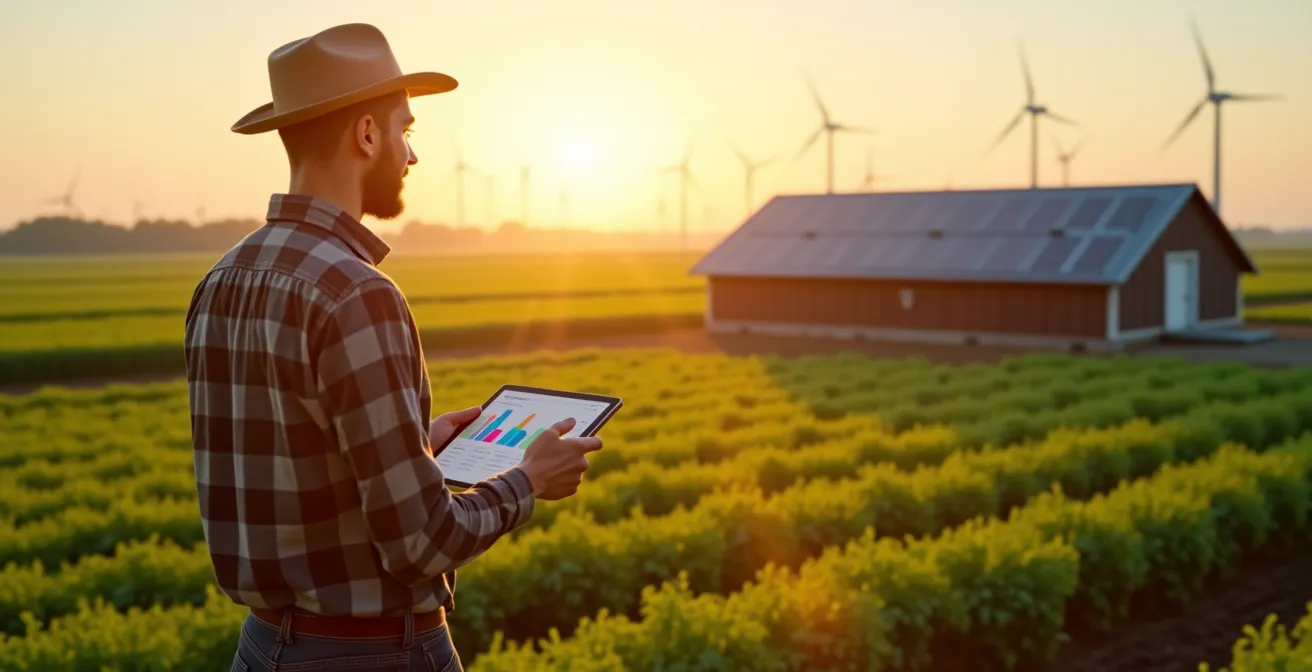 Agriculteur dans une exploitation moderne avec panneaux solaires et installations éco-énergétiques
