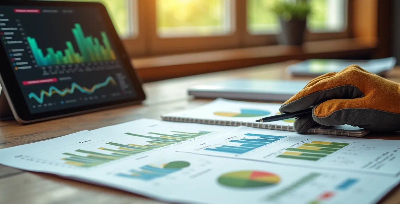 Documents financiers d'exploitation agricole avec graphiques de rentabilité et plans d'équipements énergétiques
