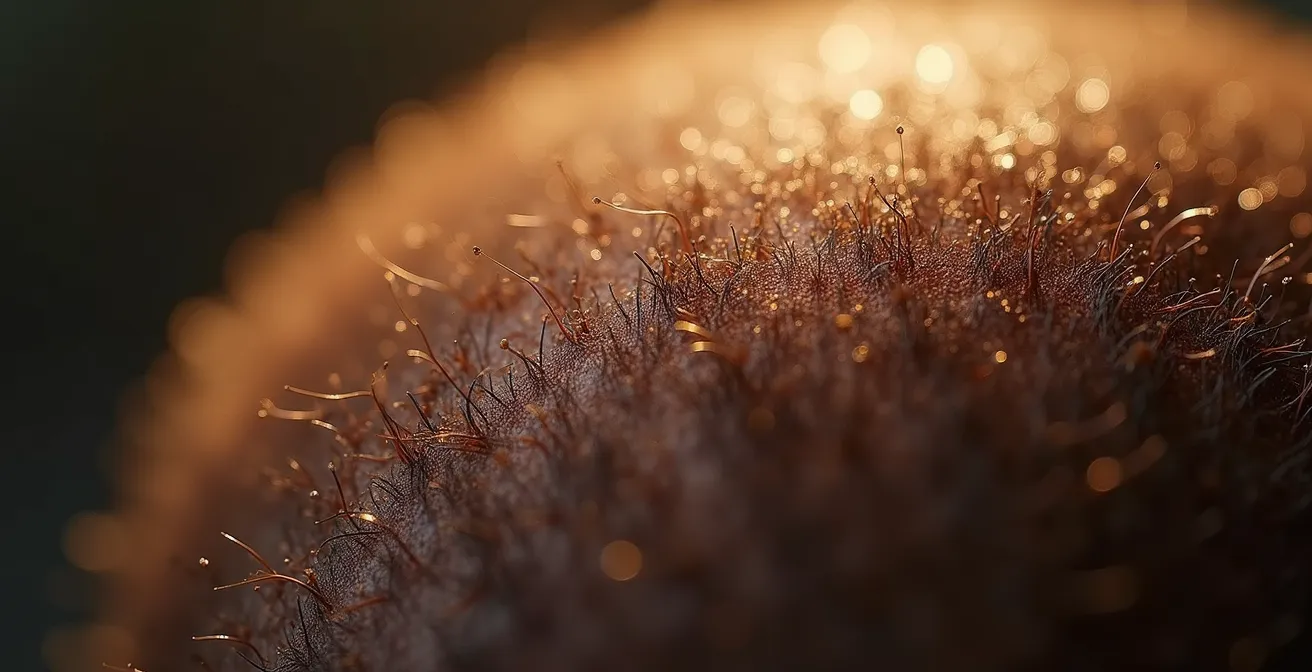 Gros plan photo-réaliste montrant la texture saine du cuir chevelu éclairée avec une lumière douce et naturelle.