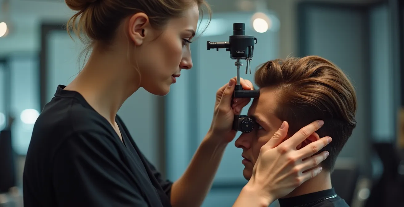 Photo réaliste d’un coiffeur expert réalisant un diagnostic capillaire avec un trichoscope sur une cliente dans un salon moderne.
