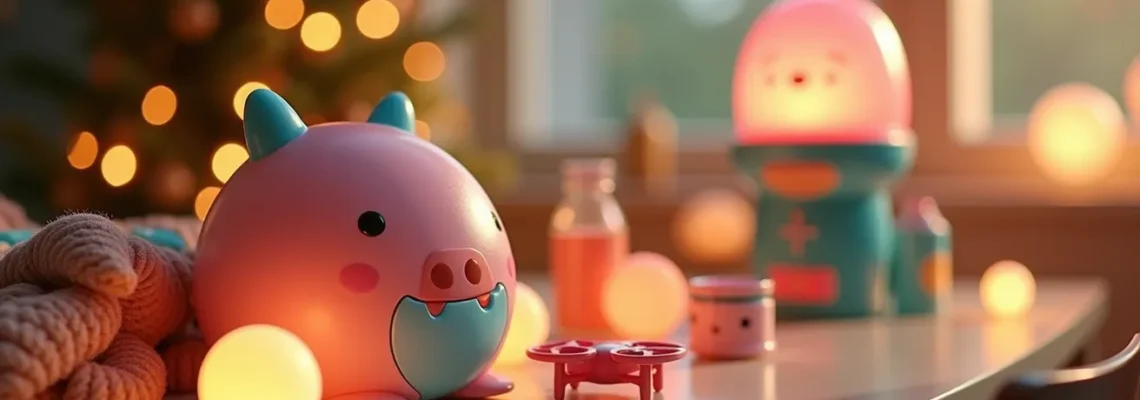 Disposition créative de gadgets festifs et objets insolites disposés autour d'une table de fête illuminée, célébrant l'animation des réunions familiales de Noël