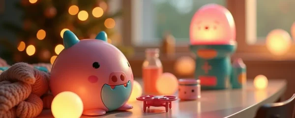 Disposition créative de gadgets festifs et objets insolites disposés autour d'une table de fête illuminée, célébrant l'animation des réunions familiales de Noël