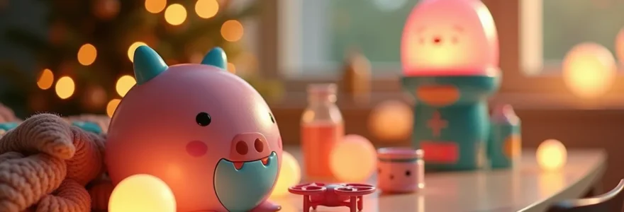 Disposition créative de gadgets festifs et objets insolites disposés autour d'une table de fête illuminée, célébrant l'animation des réunions familiales de Noël