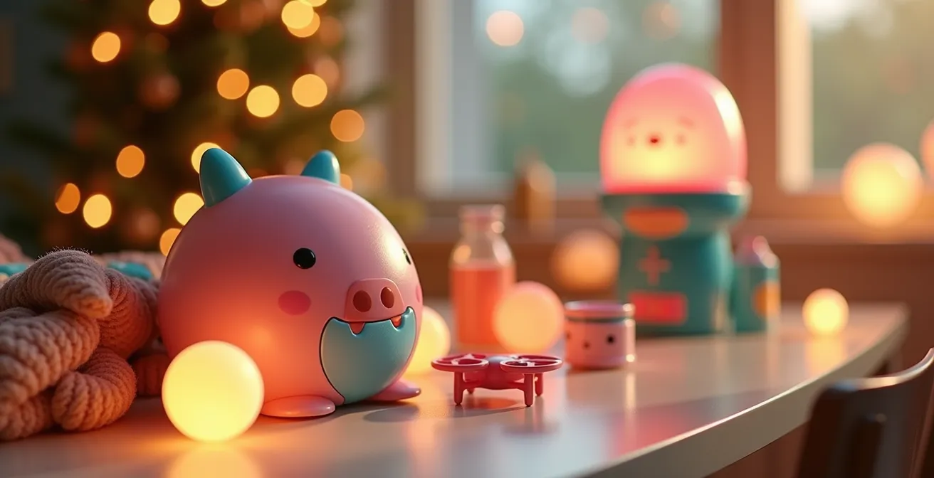 Disposition créative de gadgets festifs et objets insolites disposés autour d'une table de fête illuminée, célébrant l'animation des réunions familiales de Noël