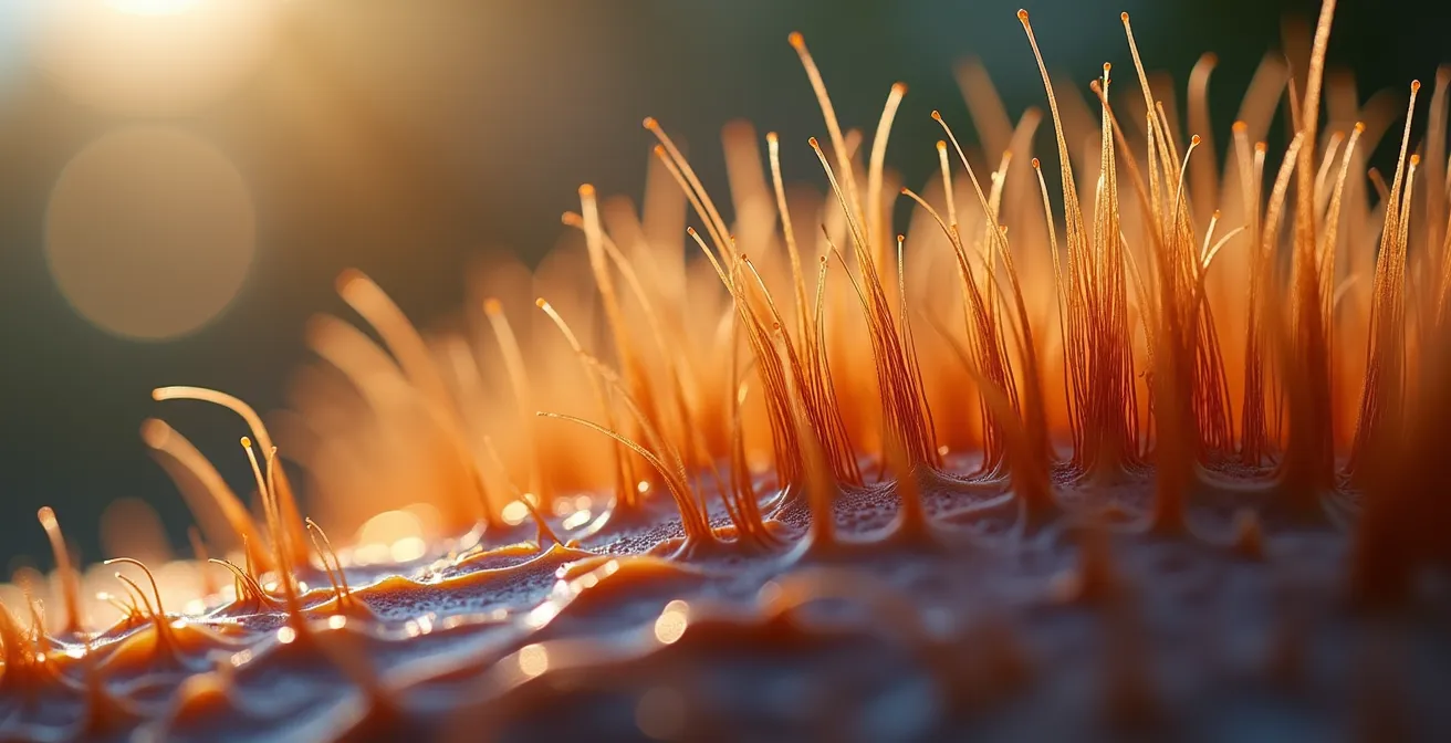 Photographie macro hyperréaliste montrant différentes couches de cuticules de cheveux saines et abîmées.