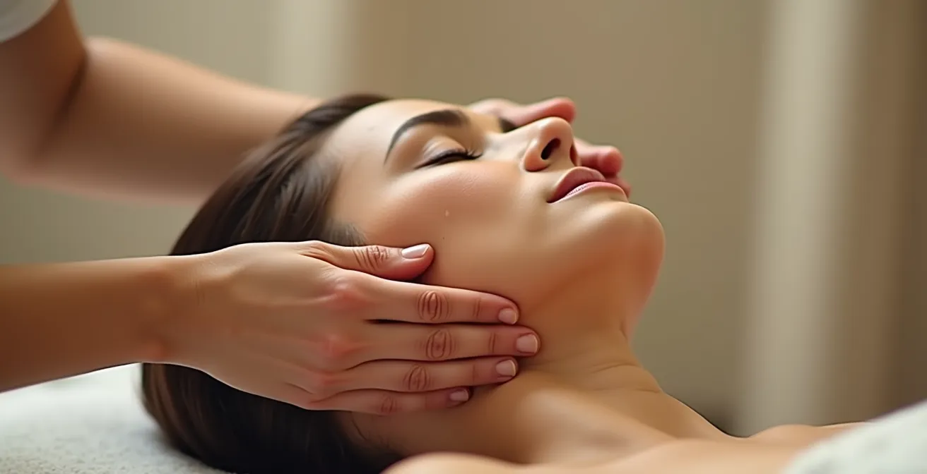 Mains expertes effectuant un massage délicat du cuir chevelu dans un geste professionnel de soin