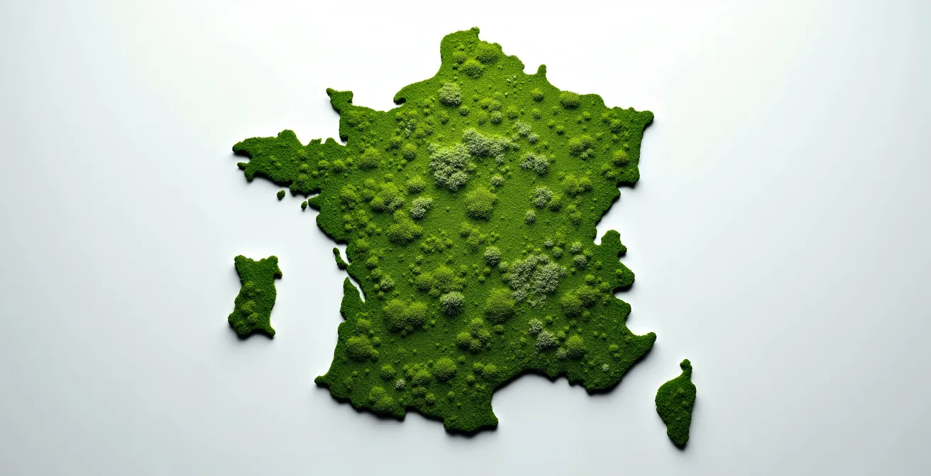 Carte topographique avec réseaux de connexions vertes entre différents points