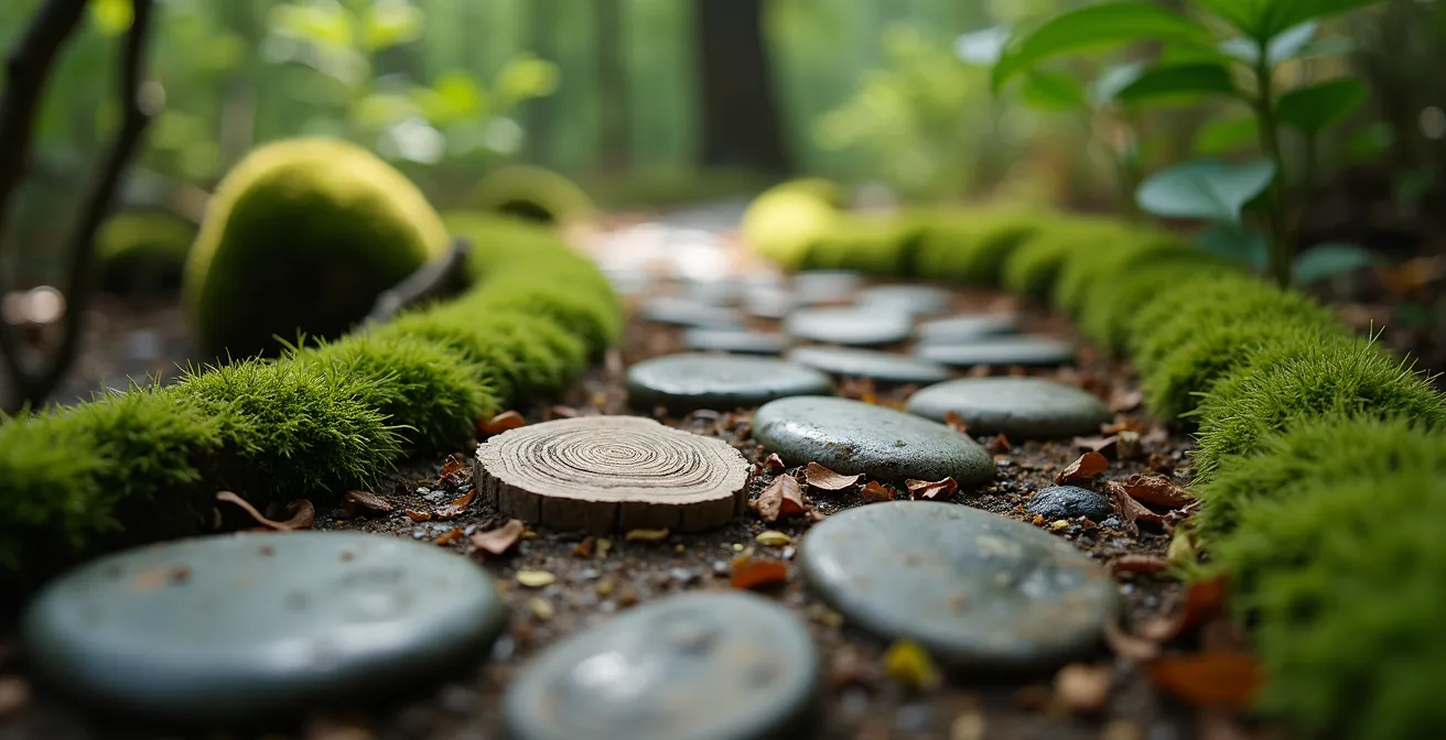 Chemin sinueux fait de matériaux naturels représentant une trajectoire dans le temps