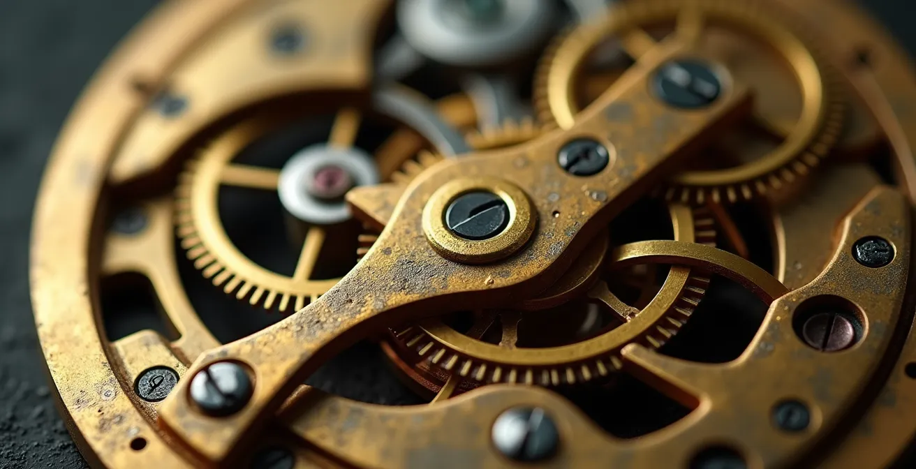 Détail macro de mécanisme d'horlogerie évoquant les inventions imaginaires de Boris Vian