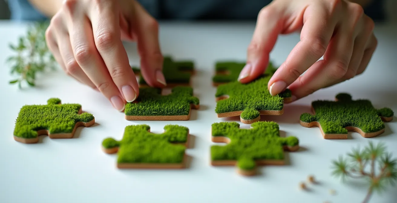 Mains assemblant des pièces de puzzle végétalisées symbolisant l'alignement projet-financement