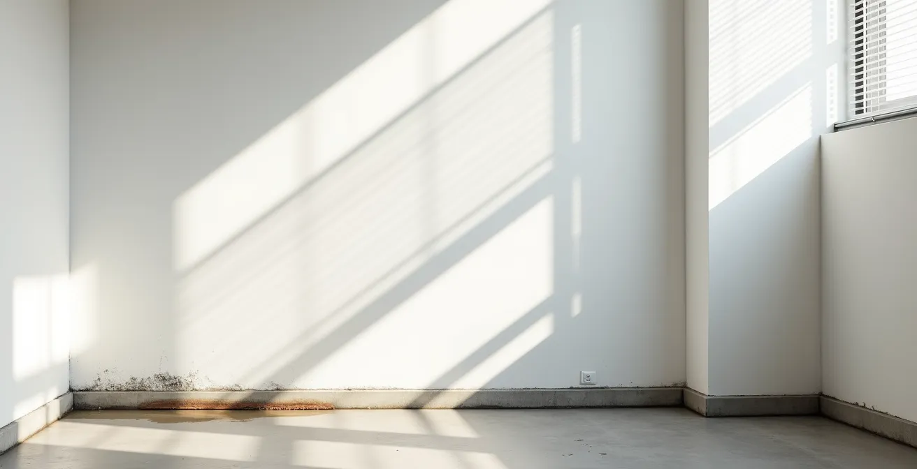 Vue d'ensemble minimaliste d'une buanderie avec plusieurs signes de fuite visible