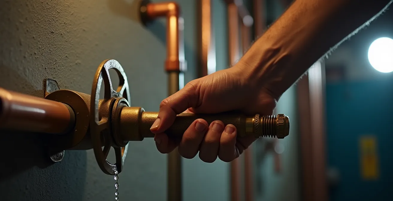 Gros plan sur une main tournant fermement le robinet d'arrêt principal d'eau