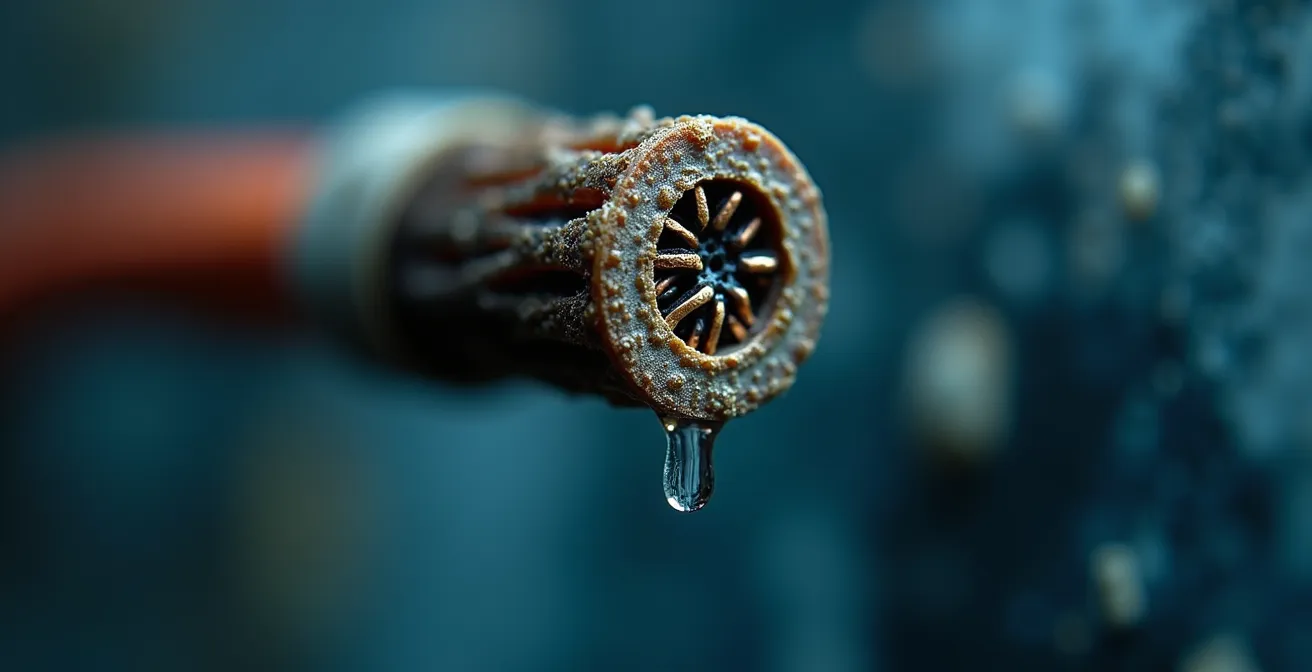 Détail macro d'une goutte d'eau sur un câble électrique avec texture et reflets