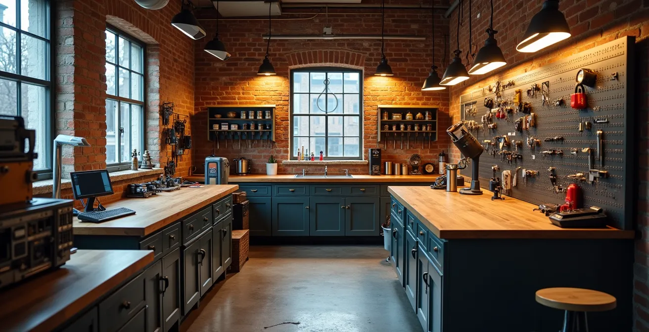 Vue d'ensemble d'un atelier de serrurerie professionnel avec outils rangés et espace de travail impeccable