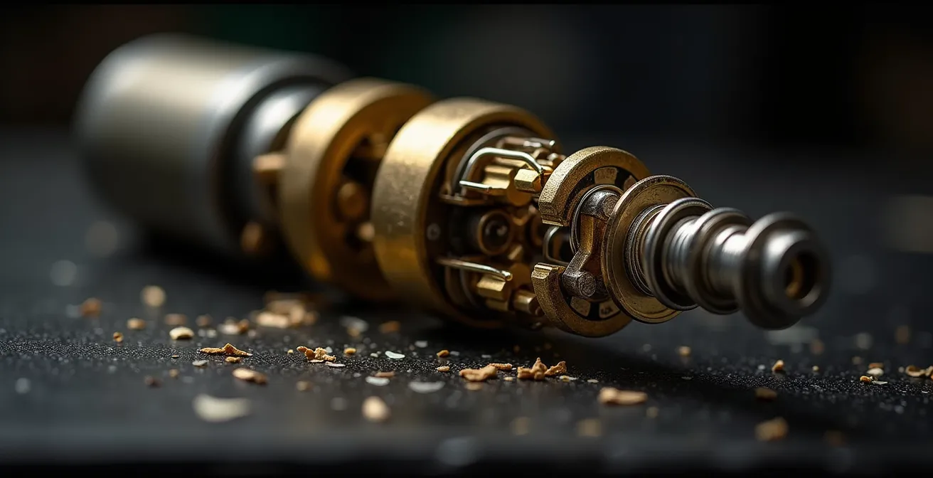 Vue macro détaillée des goupilles et ressorts à l'intérieur d'un cylindre de serrure