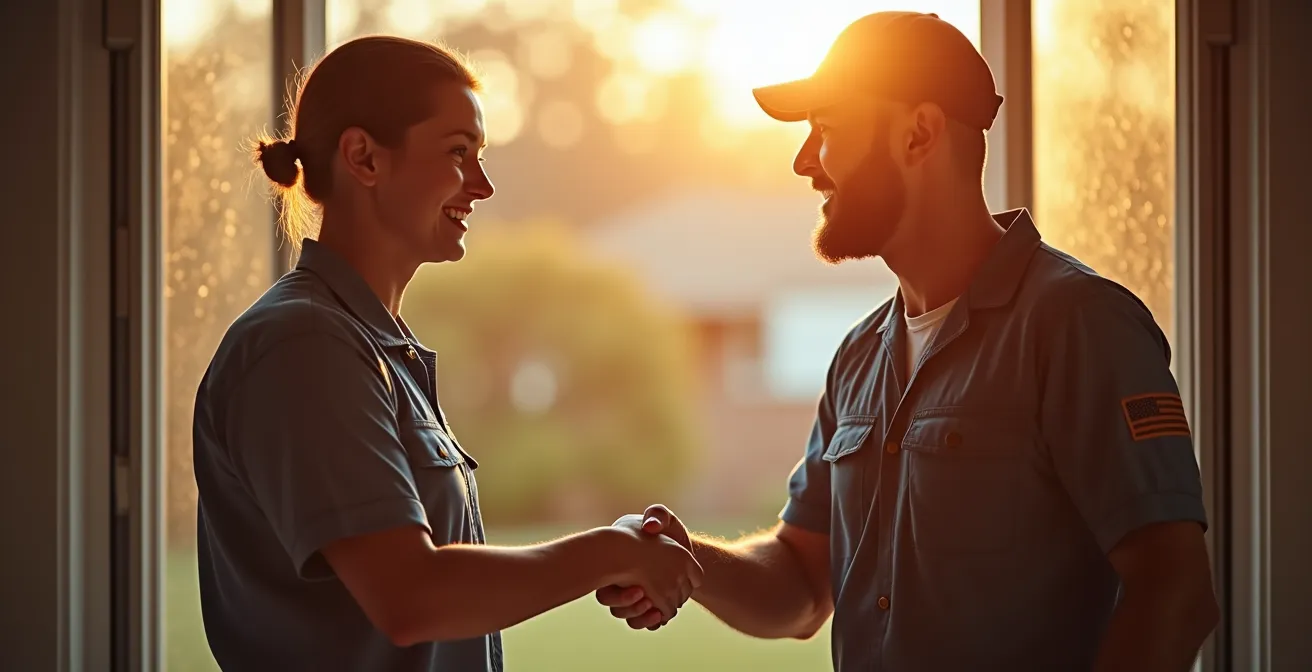 Poignée de main chaleureuse entre un serrurier et son client dans l'embrasure d'une porte