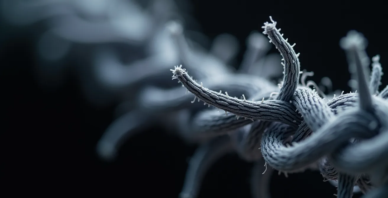 Vue macro de fibres de kératine entrelacées dans le cheveu