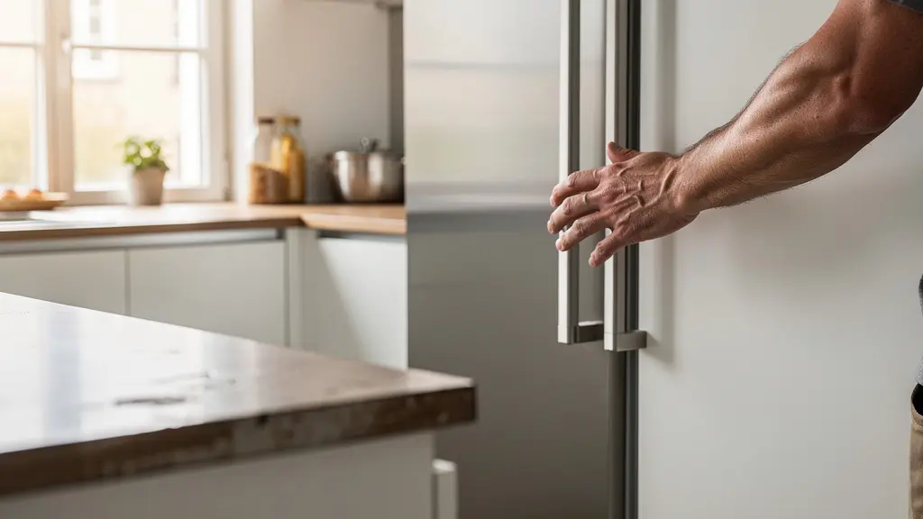 Cuisine moderne équipée avec réfrigérateur encastrable intégré aux meubles blancs