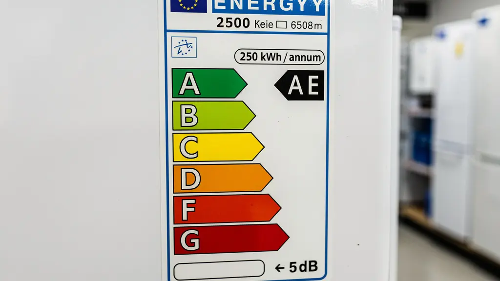 Gros plan sur étiquette énergétique européenne affichée sur un réfrigérateur blanc