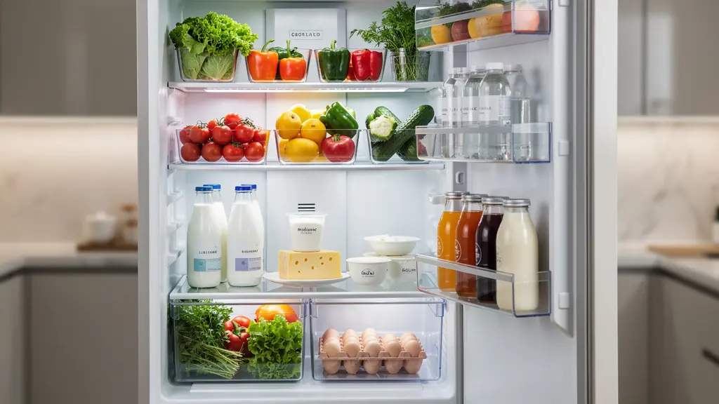 Intérieur de réfrigérateur ouvert montrant clayettes organisées avec légumes et produits frais