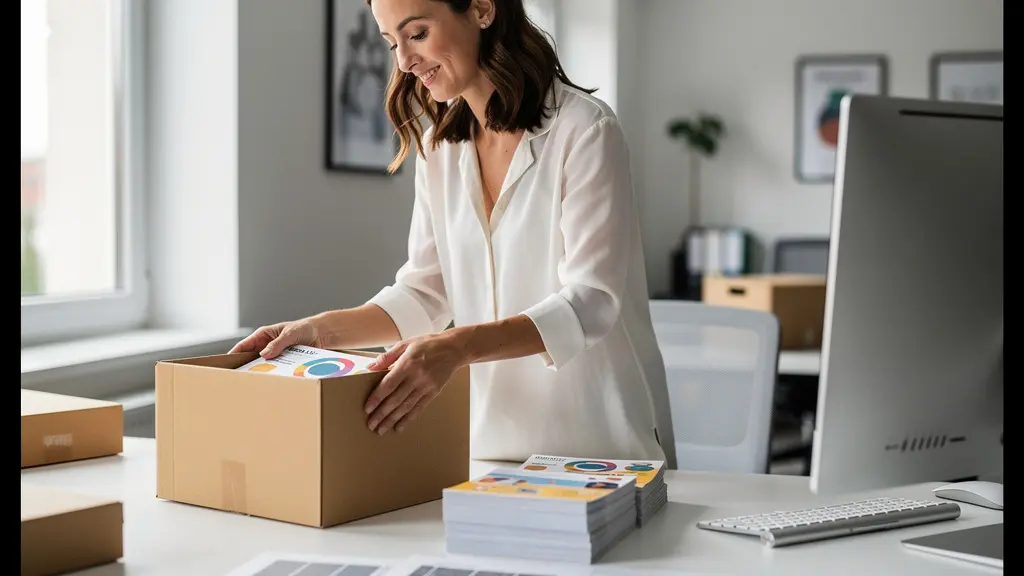 Responsable marketing déballant une commande de flyers et brochures imprimés