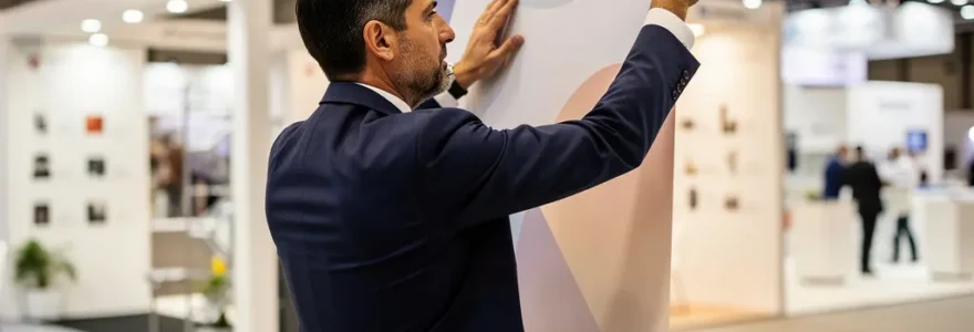 Professionnel installant un roll-up sur un stand de salon, impression en ligne