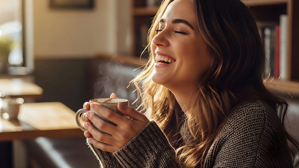 Femme cinquantaine savourant une tasse de café décaféiné près d'une fenêtre, moment de détente
