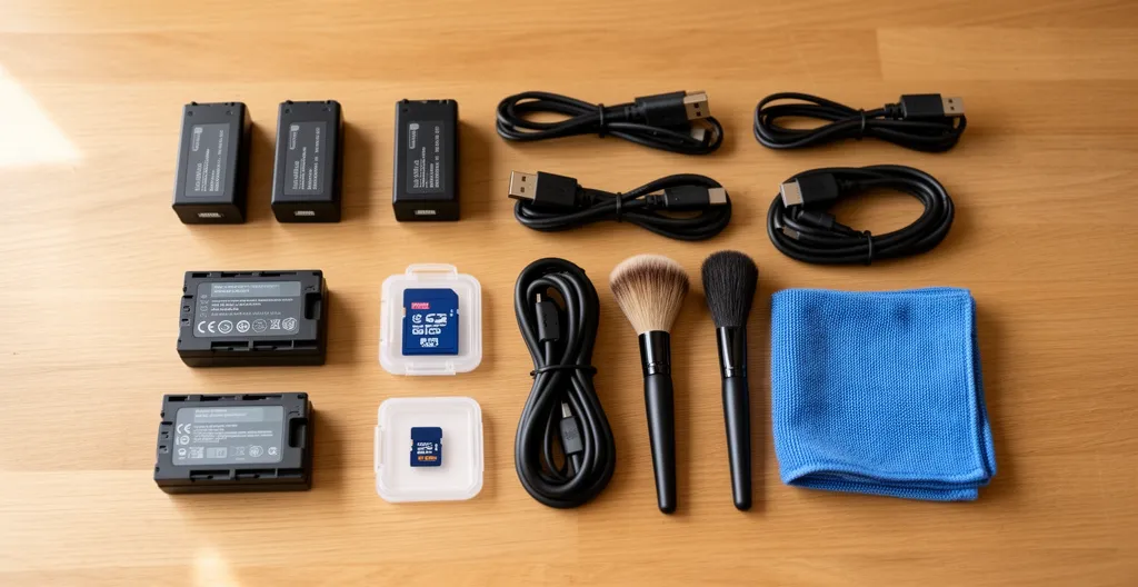 Accessoires de tournage organisés : batteries, cartes mémoire et câbles