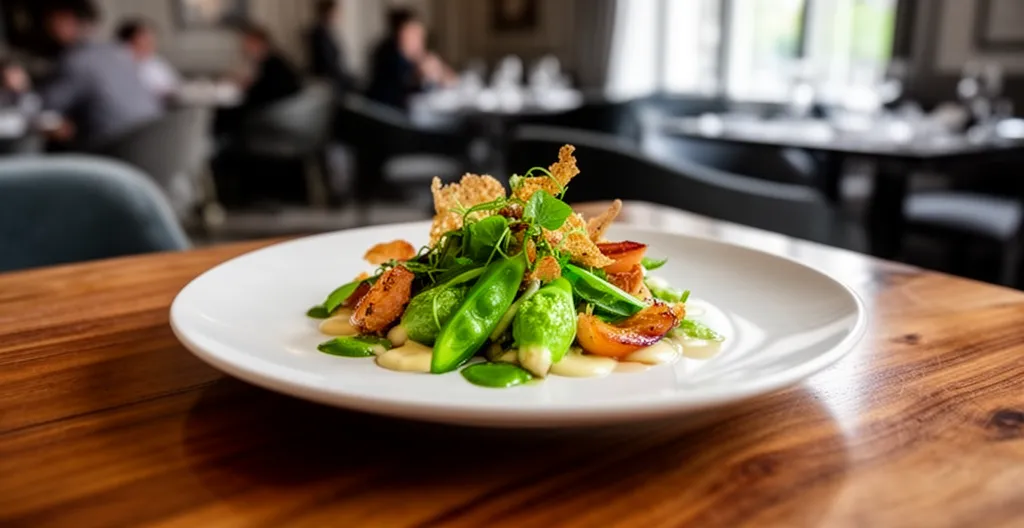 Assiette gastronomique avec dressage raffiné sur table en bois dans un restaurant chic