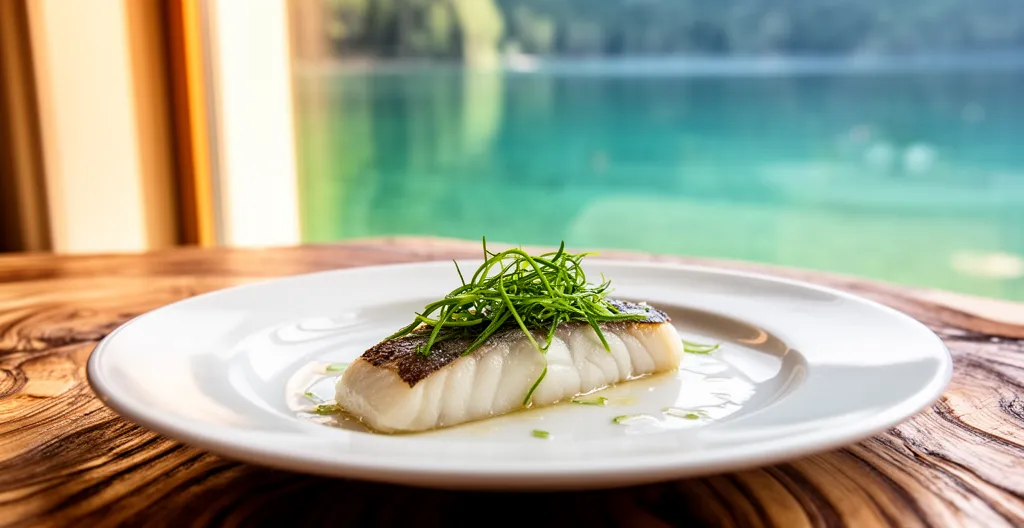 Assiette gastronomique de féra du lac avec vue sur les eaux turquoise en arrière-plan