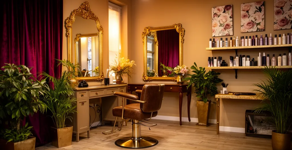 Intérieur d'un salon de coiffure artisanal ambiance boudoir chic avec fauteuil et miroirs dorés