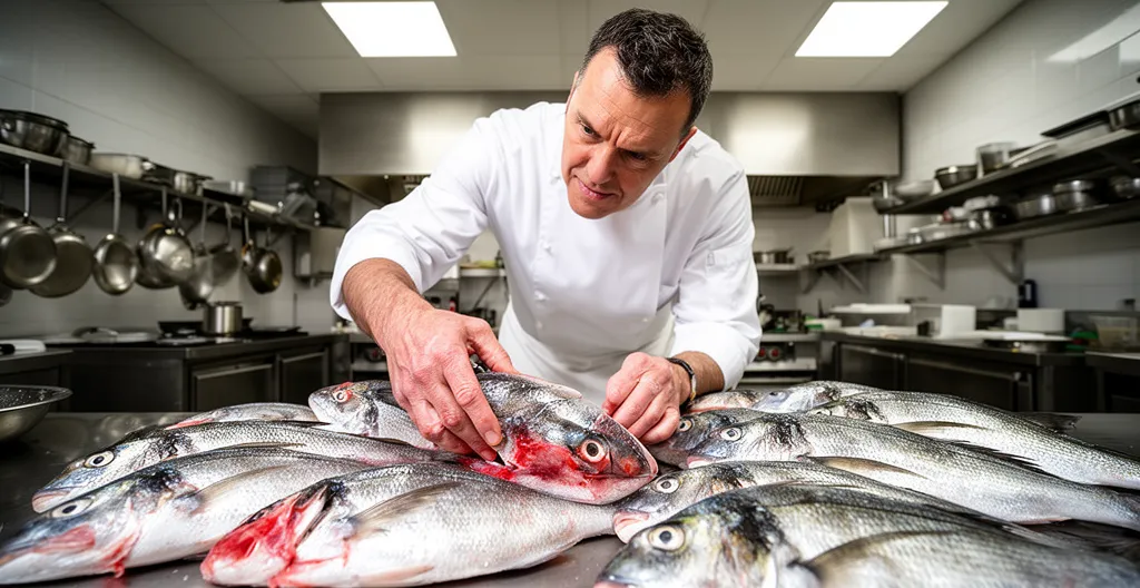 Chef cuisinier inspectant des poissons frais du lac d'Annecy sur un plan de travail