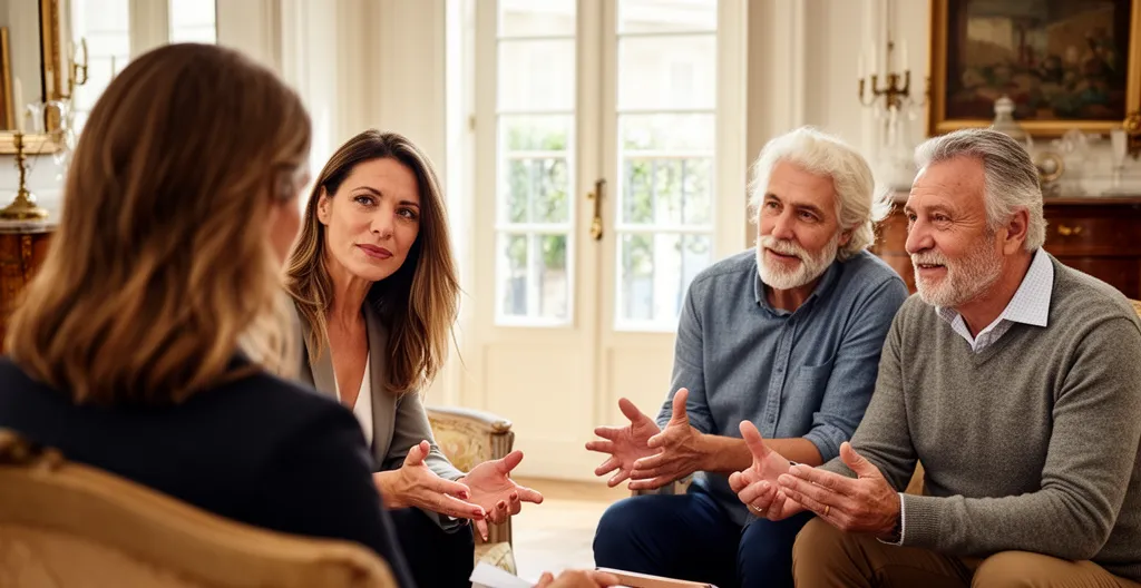Conseillère immobilière en discussion avec un couple dans un salon lumineux pour un projet immobilier haut de gamme