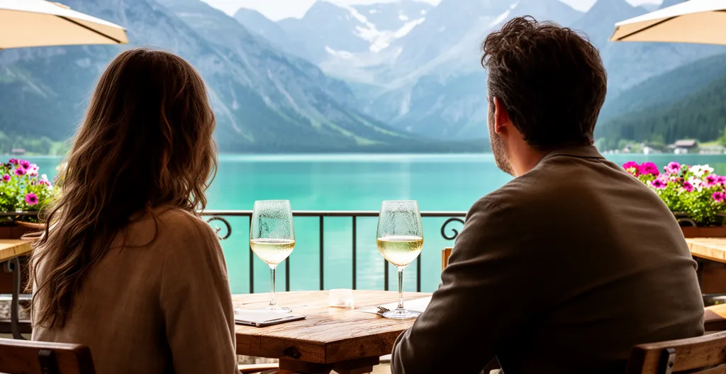 Couple admirant la vue sur le lac d'Annecy depuis une terrasse de restaurant gastronomique