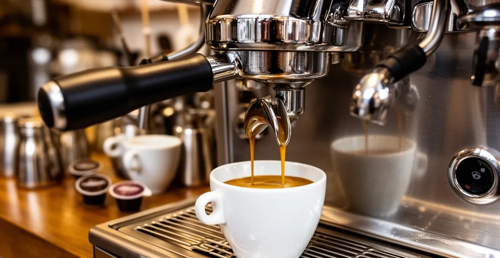 Machine à café expresso extrayant un double espresso avec crema dorée, décaféiné en grains