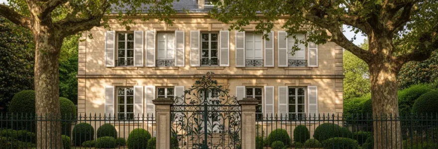 Façade élégante d'une maison bourgeoise en pierre de tuffeau typique de la Touraine avec jardin arboré