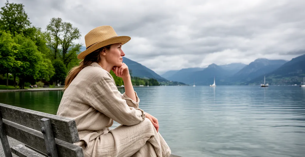 Femme observant le lac d'Annecy à Talloires dans un moment de silence récupérateur