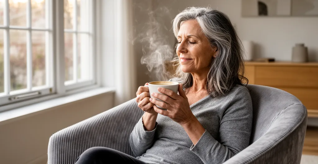 Femme cinquantaine savourant une tasse de café décaféiné près d'une fenêtre, moment de détente