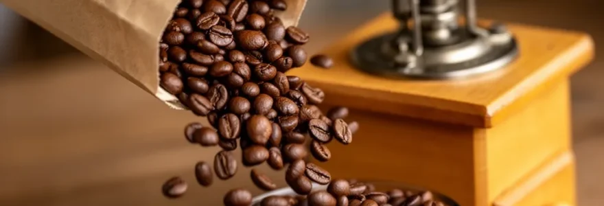 Grains de café torréfiés versés dans un moulin manuel en bois, préparation café décaféiné