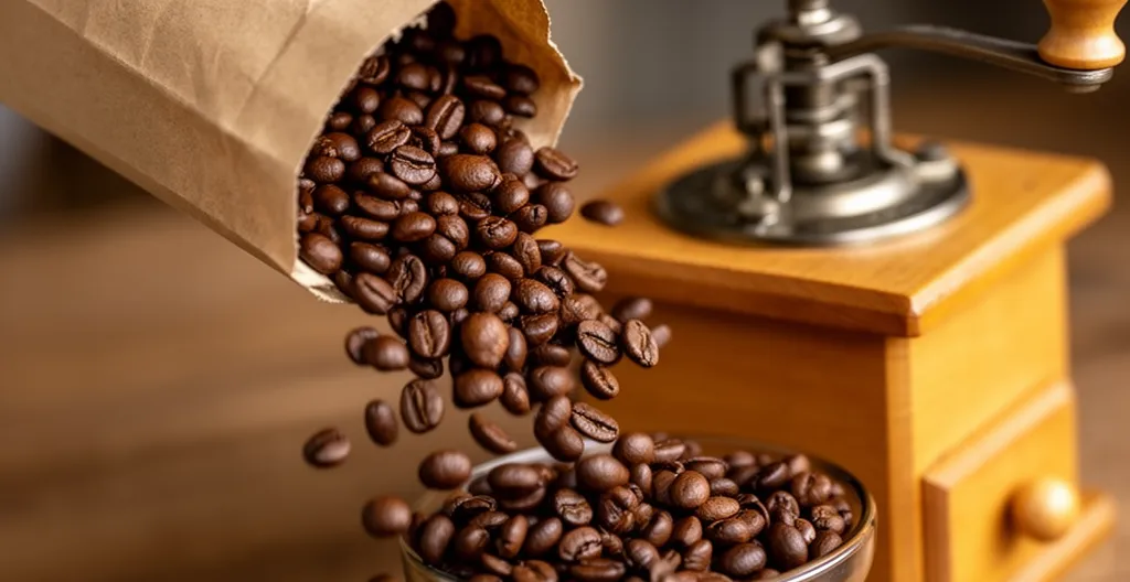 Grains de café torréfiés versés dans un moulin manuel en bois, préparation café décaféiné