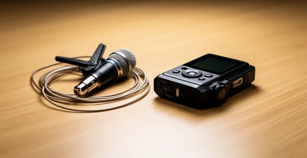 Micro-cravate et enregistreur audio portable préparés pour un tournage vidéo