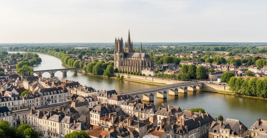 Vue panoramique sur Tours avec la Loire et la cathédrale Saint-Gatien illustrant le patrimoine architectural de la ville