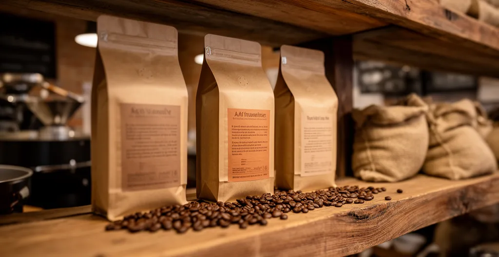 Trois paquets de café en grains artisanaux alignés sur une étagère de torréfacteur, sélection décaféiné