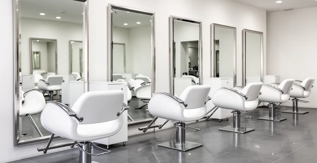 Intérieur d'un salon de coiffure avec plusieurs postes de travail actifs