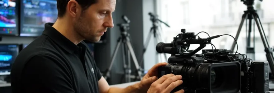 Technicien vérifiant une caméra professionnelle dans un espace de location audiovisuelle