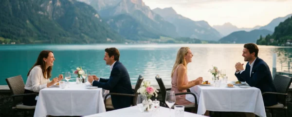 Terrasse gastronomique au bord du lac d'Annecy au crépuscule avec vue sur les montagnes