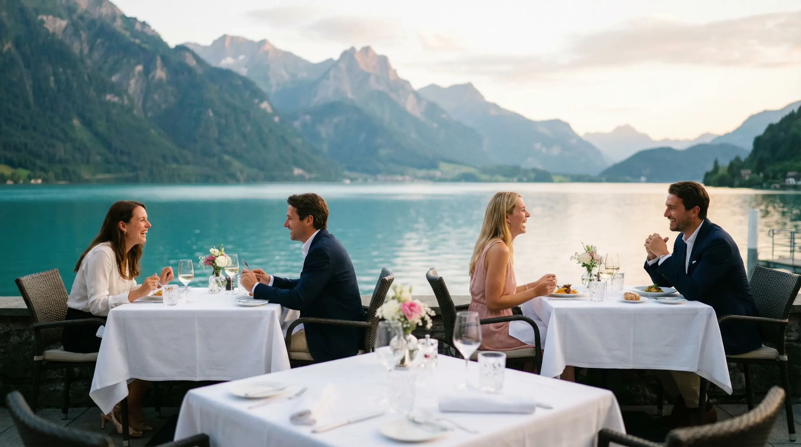 Terrasse gastronomique au bord du lac d'Annecy au crépuscule avec vue sur les montagnes